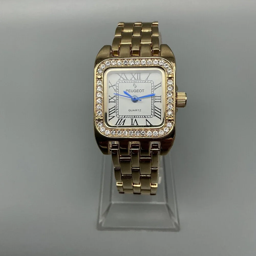 Peugeot Womens Watch 24mm White Dial Gold Tone Crystals Bracelet New Battery 6